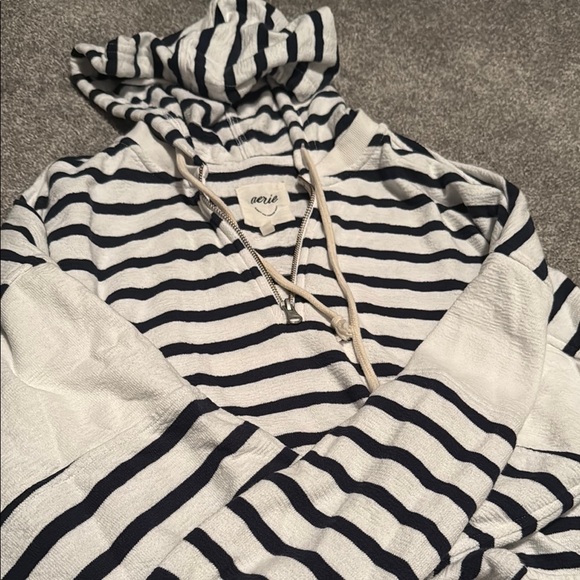 Aerie Striped Cropped Navy and White Hoodie - Picture 3 of 5